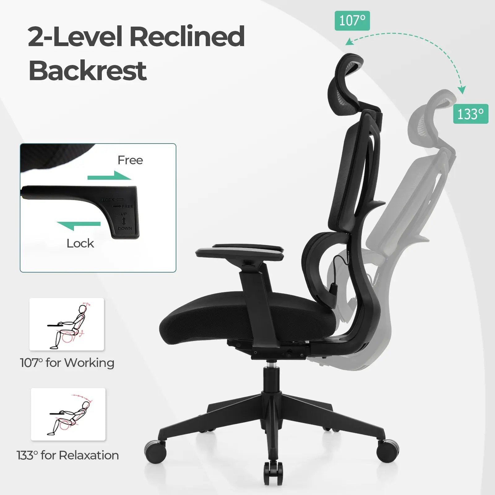 Ergonomic Office Chair with N Type Lumbar Support and Adjustable Headrest-Black by DirectDeals