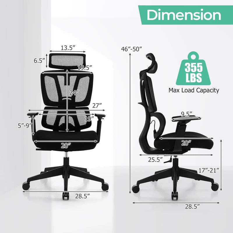 Ergonomic Office Chair with N Type Lumbar Support and Adjustable Headrest-Black by DirectDeals