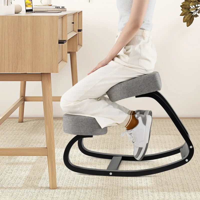 Wooden Ergonomic Backless Rocking Kneeling Chair with Padded Cushion-Gray by DirectDeals