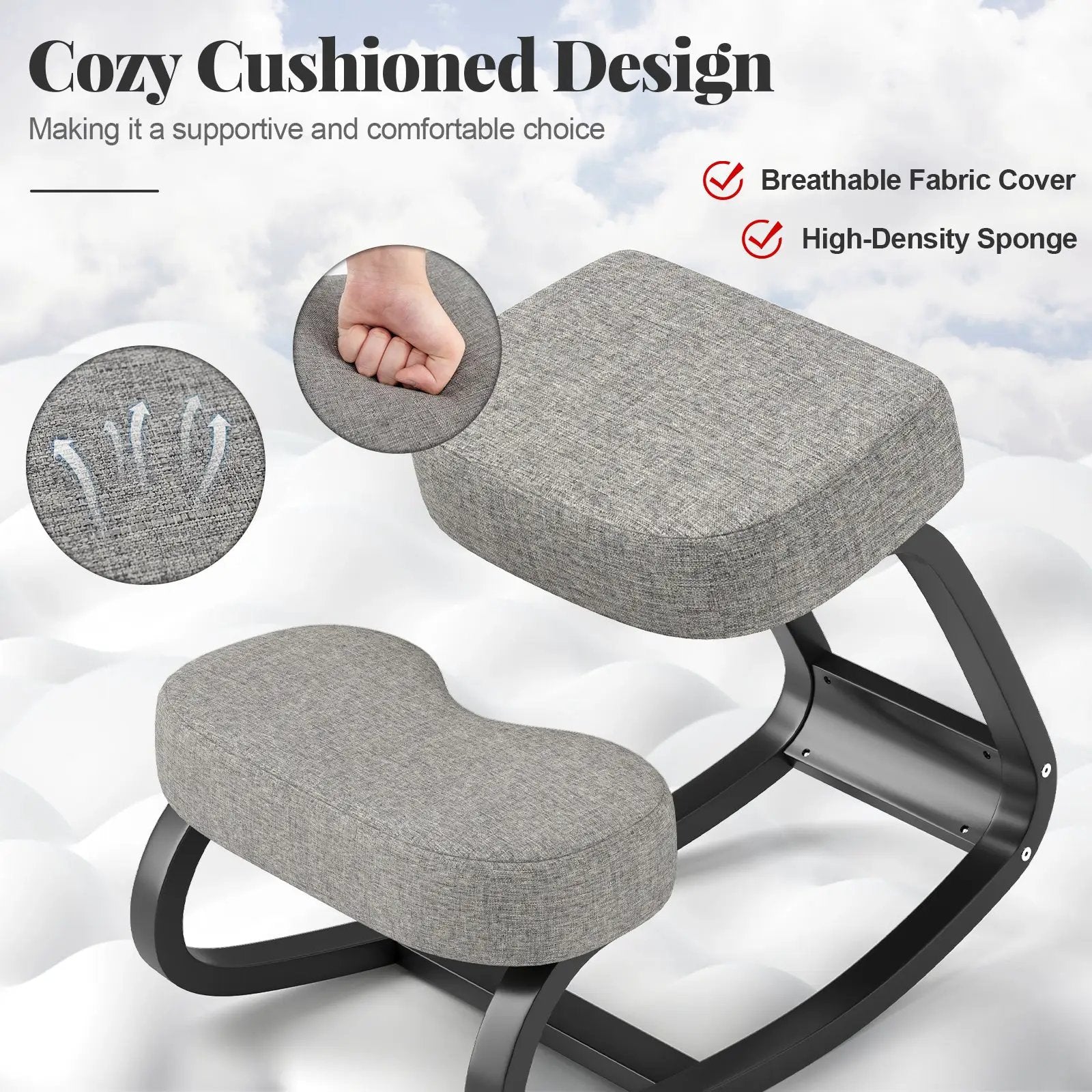 Wooden Ergonomic Backless Rocking Kneeling Chair with Padded Cushion-Gray by DirectDeals
