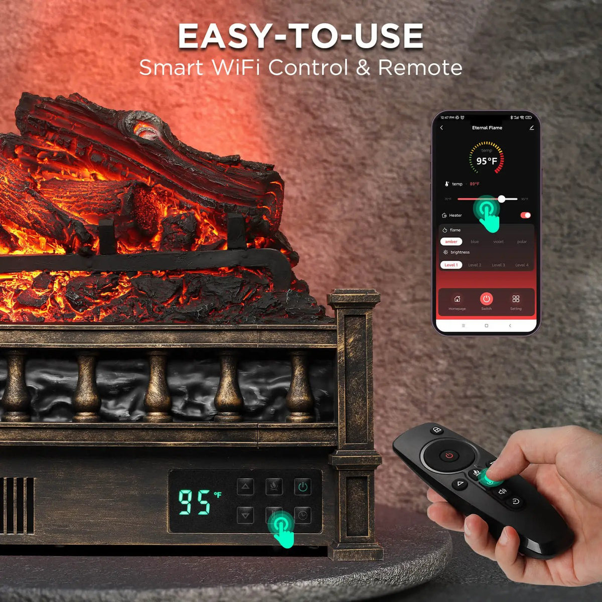 Eternal Flame EF26-LG Smart Electric Fireplace Logs, WiFi Enabled by TURBRO