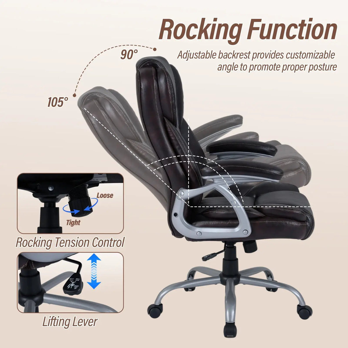 Executive Office Chair Leather Ergonomic Computer Desk Chair with Padded Seat and Armrests, photo 3 of 16