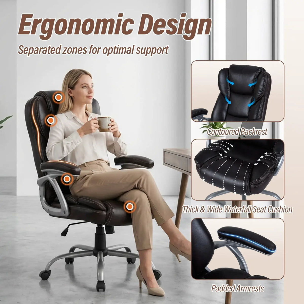Executive Office Chair Leather Ergonomic Computer Desk Chair with Padded Seat and Armrests, photo 16 of 16