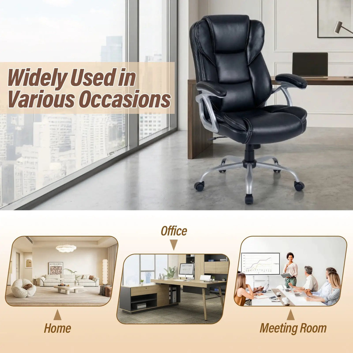 Executive Office Chair Leather Ergonomic Computer Desk Chair with Padded Seat and Armrests, photo 8 of 16