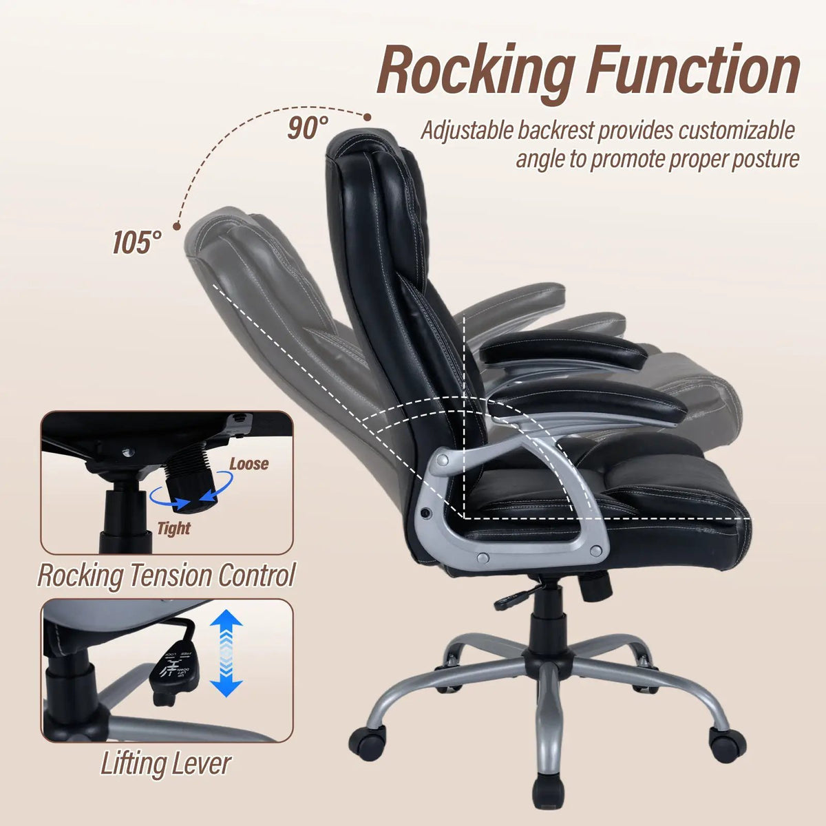 Executive Office Chair Leather Ergonomic Computer Desk Chair with Padded Seat and Armrests, photo 4 of 16