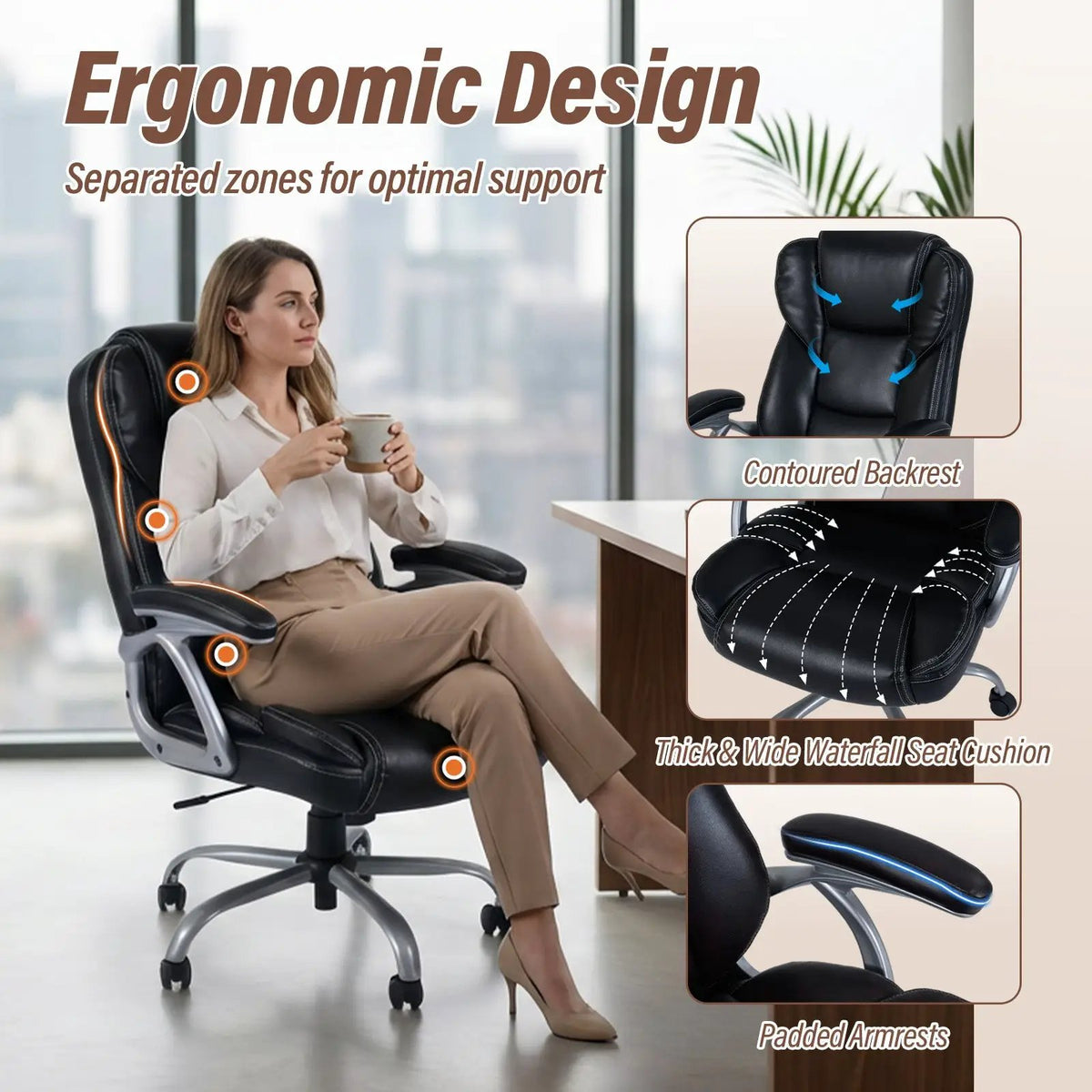 Executive Office Chair Leather Ergonomic Computer Desk Chair with Padded Seat and Armrests, photo 2 of 16