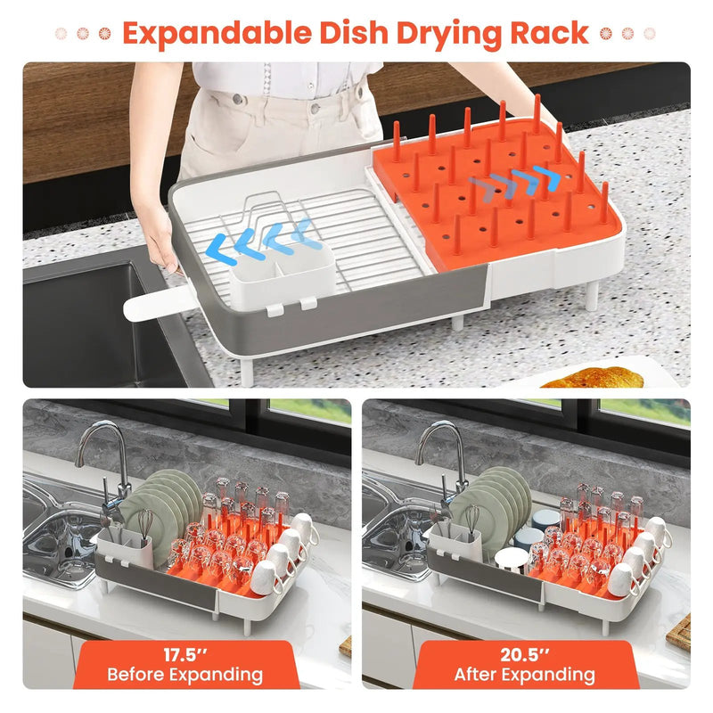Expandable Dish Drying Rack Adjustable Dual-Part Dish Drainer with Detachable Utensil Holder by DirectDeals