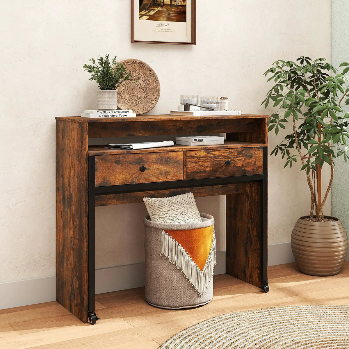 Extendable Computer Desk with 2 Storage Drawers Convertible Home Office Rolling Study Writing Desk, photo 2 of 9