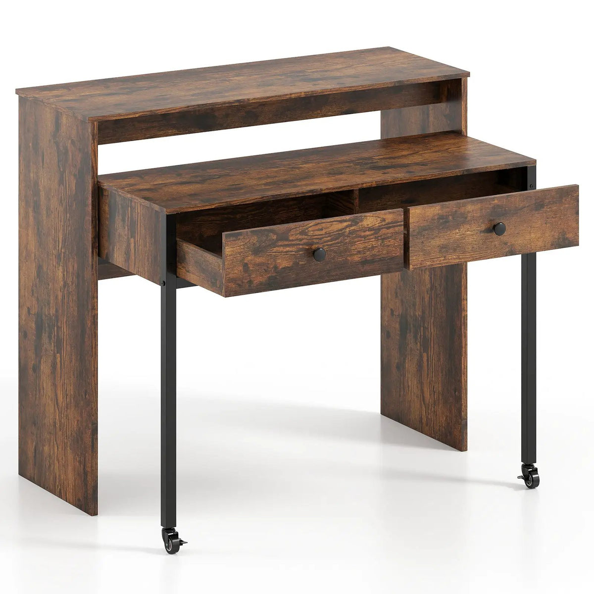 Extendable Computer Desk with 2 Storage Drawers Convertible Home Office Rolling Study Writing Desk, photo 3 of 9