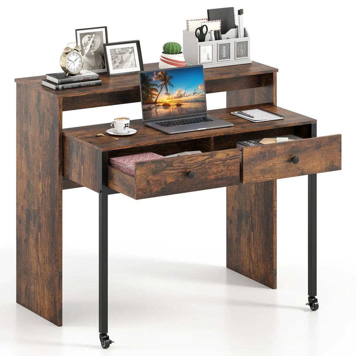 Extendable Computer Desk with 2 Storage Drawers Convertible Home Office Rolling Study Writing Desk, photo 4 of 9