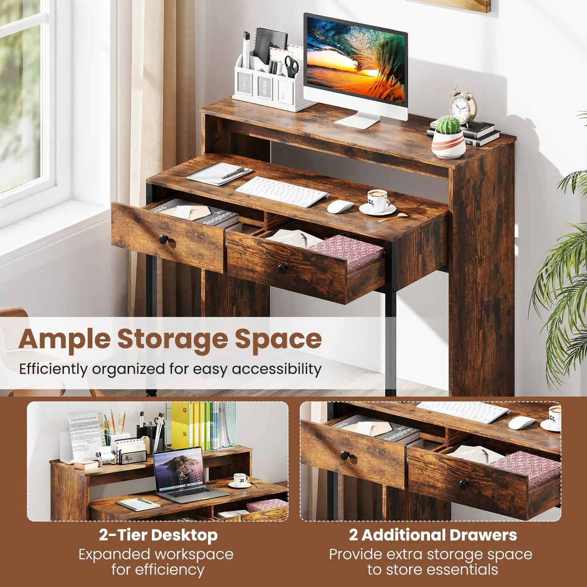 Extendable Computer Desk with 2 Storage Drawers Convertible Home Office Rolling Study Writing Desk, photo 7 of 9