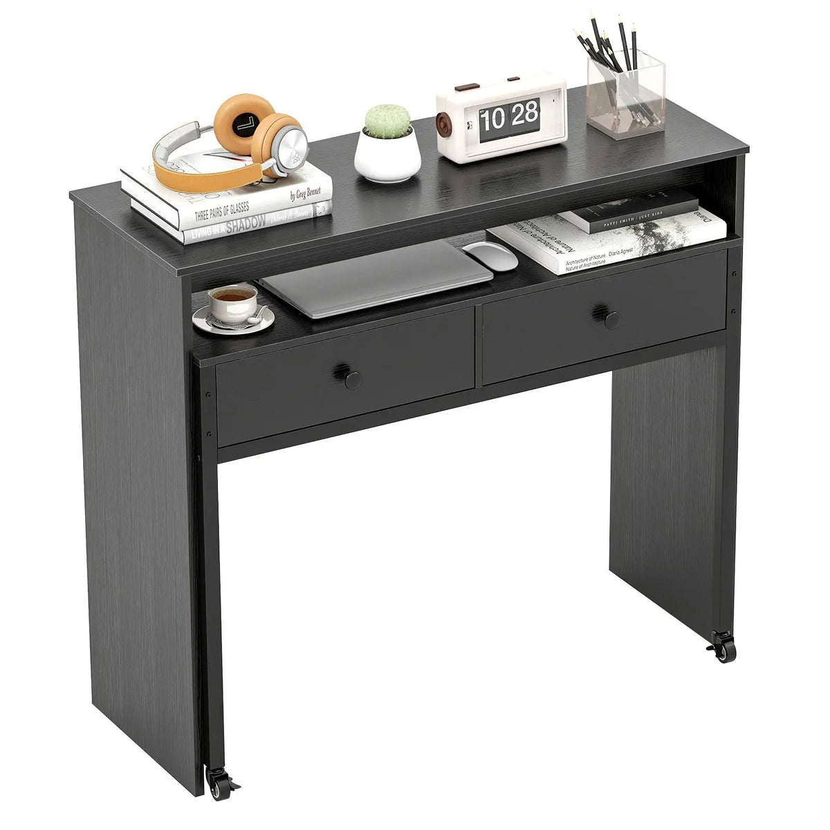 Extendable Computer Desk with 2 Storage Drawers Convertible Home Office Rolling Study Writing Desk, photo 9 of 9