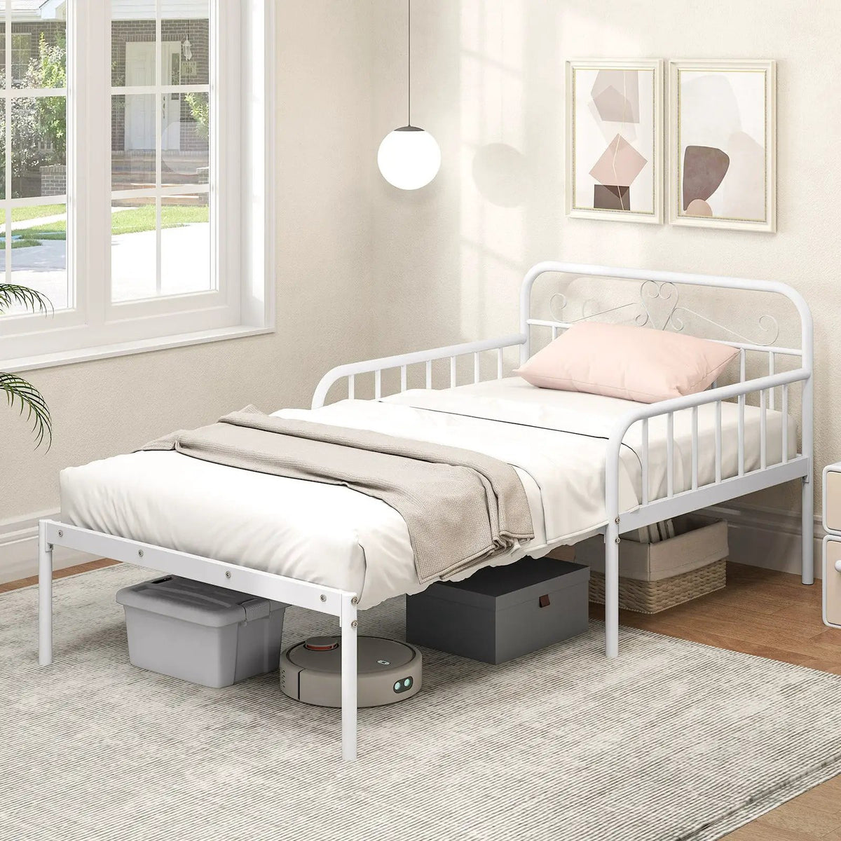 Extendable Metal Daybed to Twin Size Bed with Guardrails and Armrests