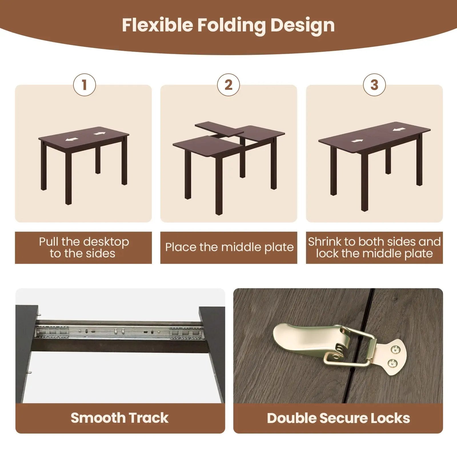 Extendable Folding Dining Table with Rubber Wood Frame and Safety Locks by DirectDeals