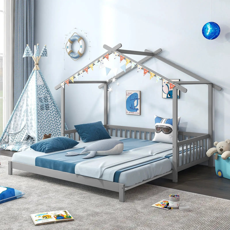 Extendable House Bed Twin to King Daybed with Roof and Fence Rails by DirectDeals