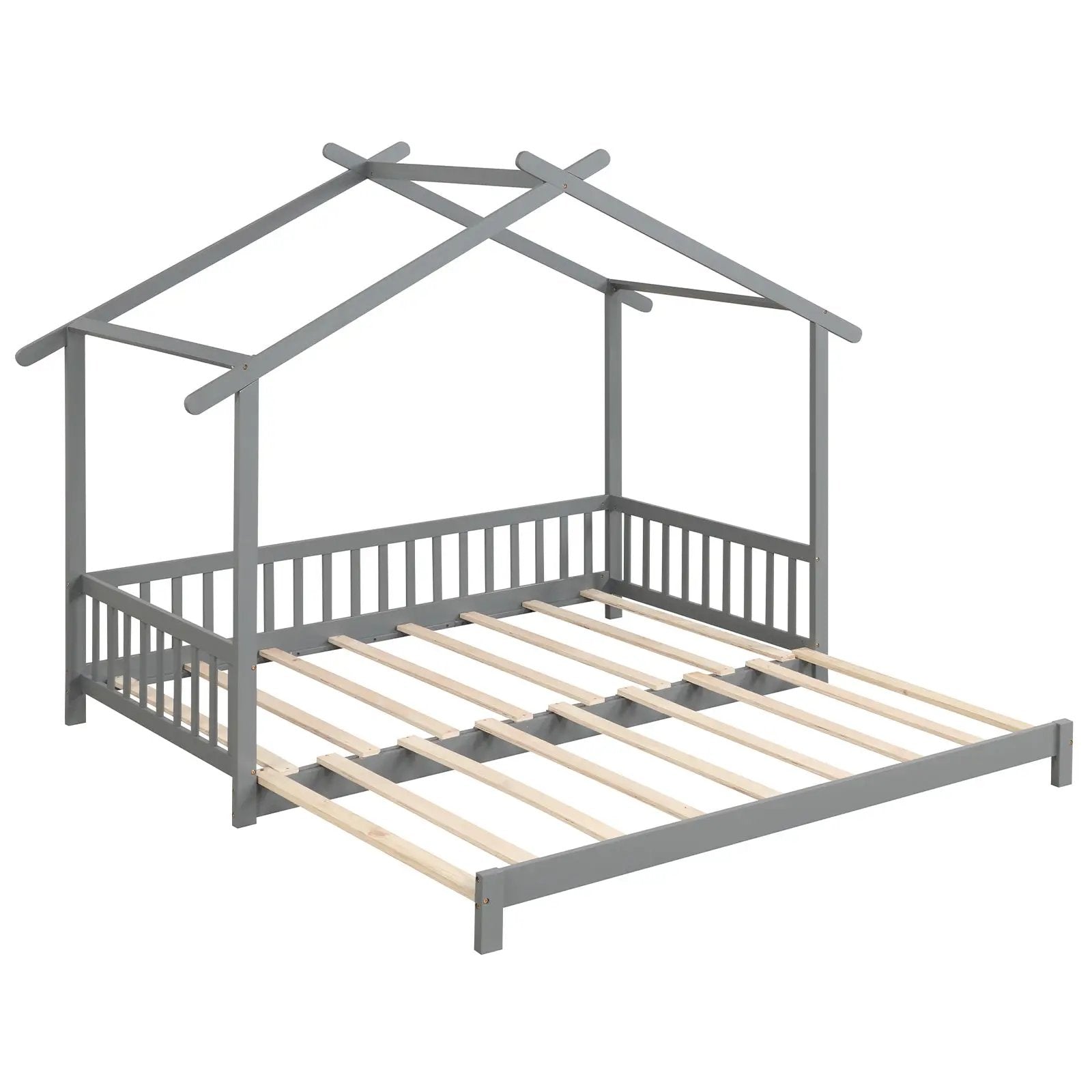 Extendable House Bed Twin to King Daybed with Roof and Fence Rails by DirectDeals