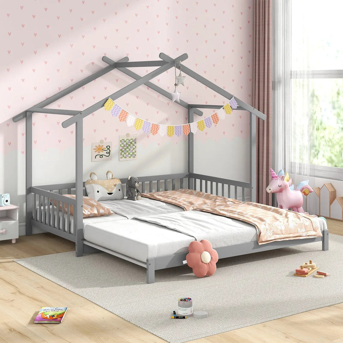 Extendable House Bed Twin to King Daybed with Roof and Fence Rails, photo 6 of 10