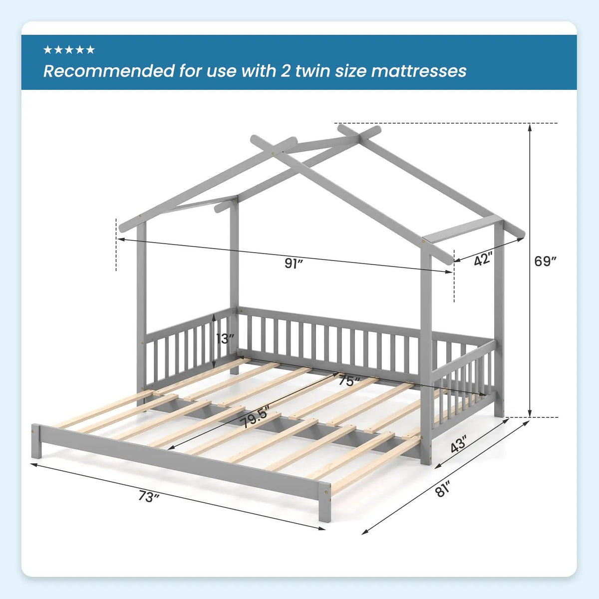 Extendable House Bed Twin to King Daybed with Roof and Fence Rails, photo 5 of 10