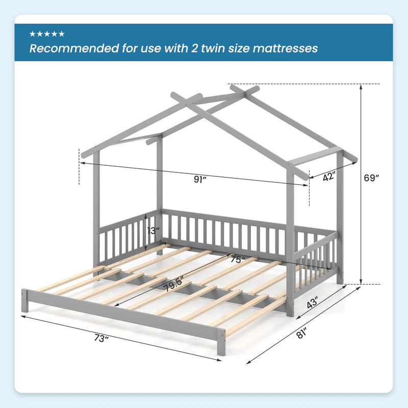 Extendable House Bed Twin to King Daybed with Roof and Fence Rails by DirectDeals