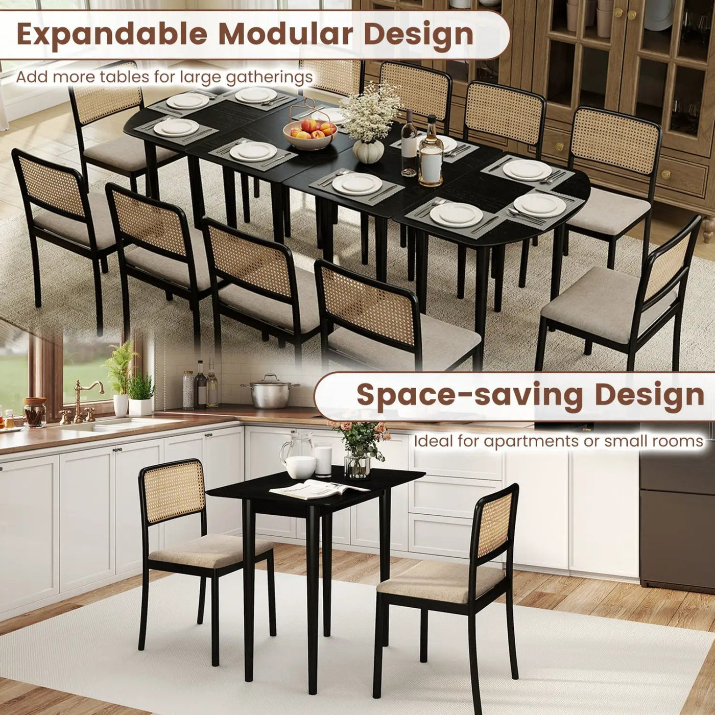 Extendable Oval Dining Table Set with 2 Half-Round Tables for 4-6 People by DirectDeals