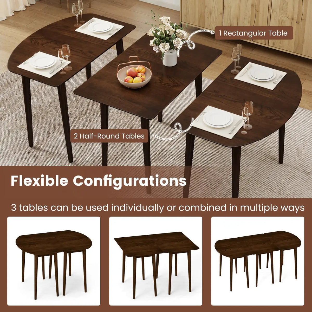 Extendable Oval Dining Table Set with 2 Half-Round Tables for 4-6 People by DirectDeals