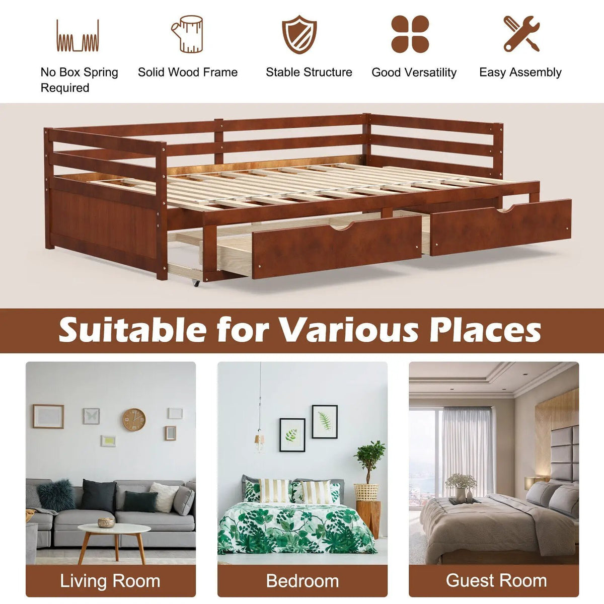 Extendable Twin to King Daybed with Trundle and 2 Storage Drawers, photo 8 of 9