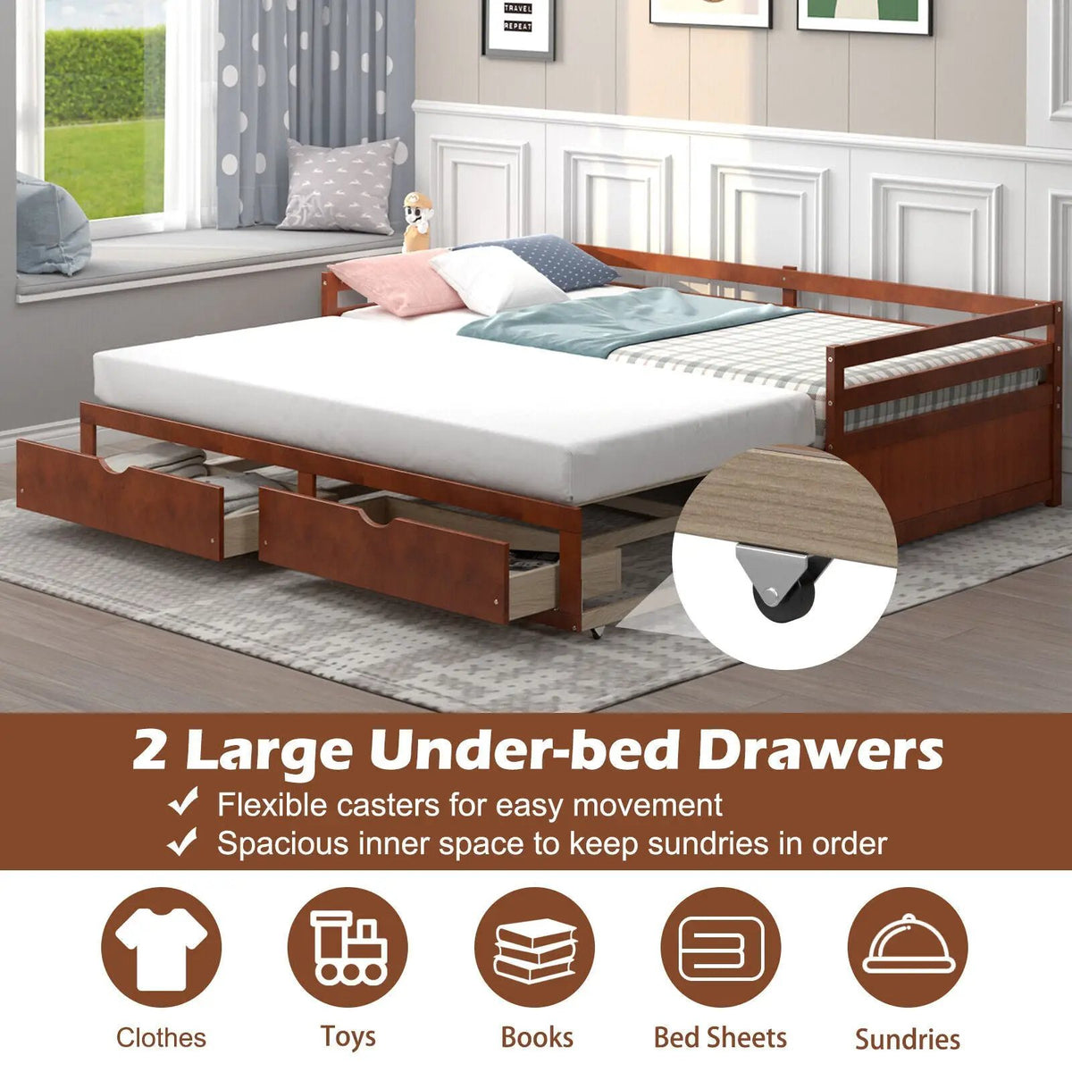 Extendable Twin to King Daybed with Trundle and 2 Storage Drawers, photo 7 of 9