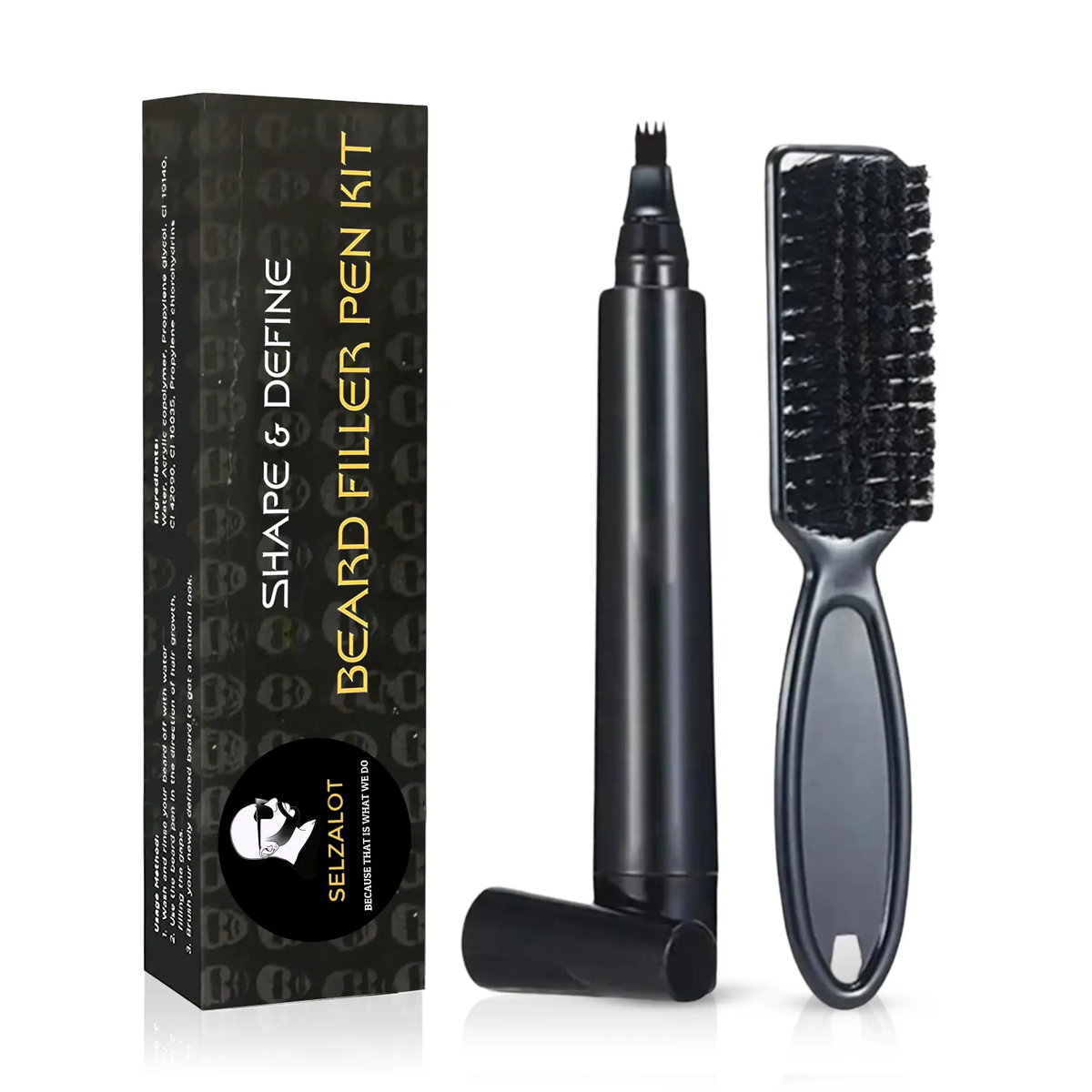 SELZALOT 4-Tip Beard Filler Pen Kit - Waterproof, Sweat-Proof, Long-Lasting Coverage for a Fuller Beard with Brush