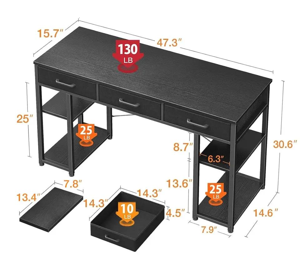 Open Box "ODK Office Small Computer Desk: Home Table with Fabric Drawers & Storage Shelves, Modern Writing Desk, Black, 48""x16""" by Selzalot