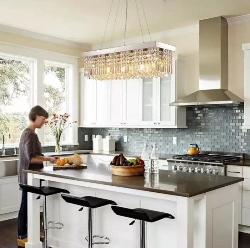 Open Box 7PM Rectangle K9 Crystal Chandelier Modern Rectangular Pendant Light Fixture for Dining Room Kitchen Island Chrome L31.5 x W10 x H10 by Selzalot