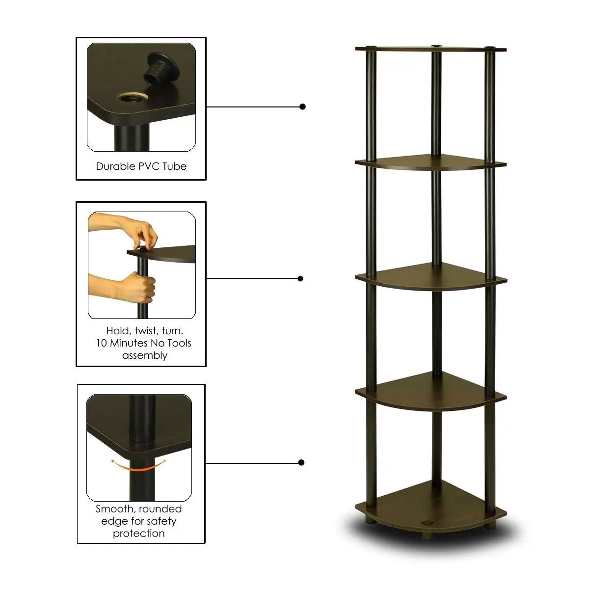 5-Tier Corner Display Shelf Bookcase in Espresso & Black by HomePacific