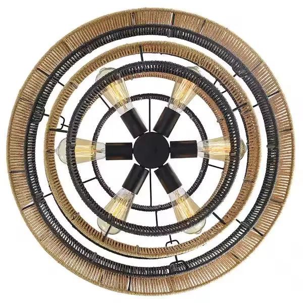 Open Box Prime Ray Luster Boho 24 in. 6-Light 7-Tier Hand Woven Rattan Pendant Chandelier Light with Large Shade and Black Finish by Selzalot