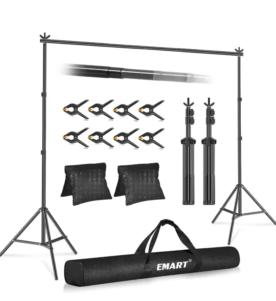 EMART Backdrop Stand 10x7ft(WxH) Photo Studio Adjustable Background Stand Support Kit with 2 Crossbars, 8 Backdrop Clamps, 2 Sandbags and Carrying Bag by Selzalot