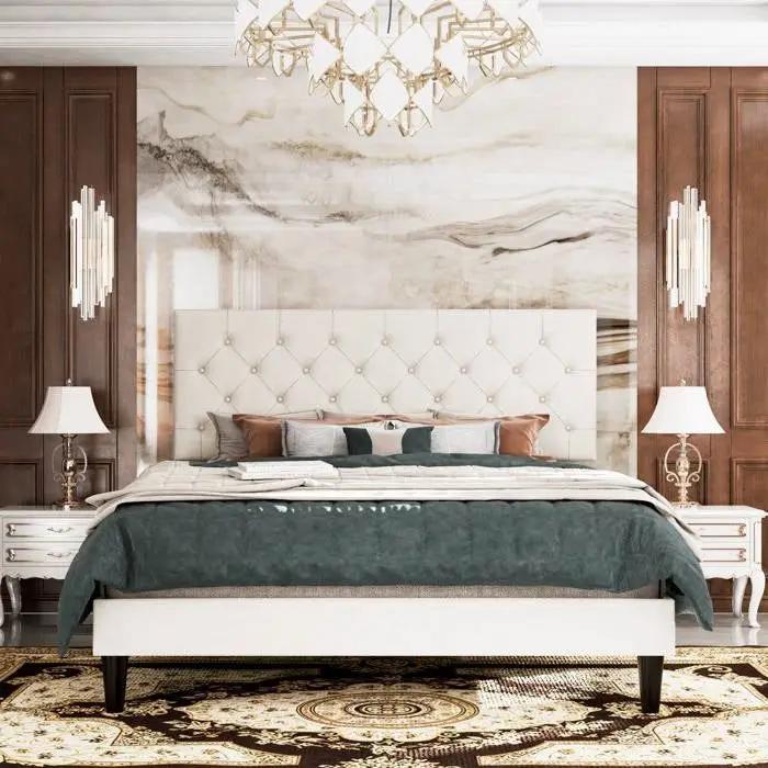 Full White Faux Leather Upholstered Platform Bed with Button-Tufted Headboard by HomePacific