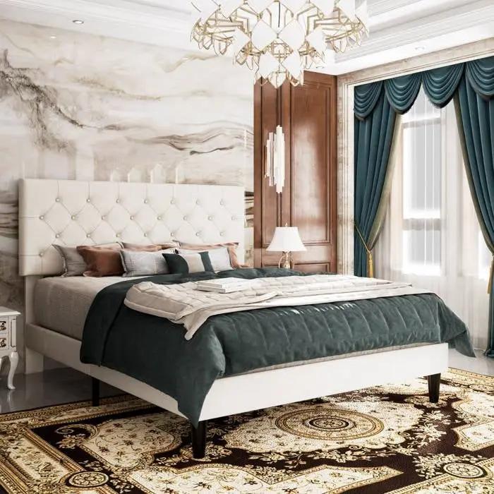 Queen White Faux Leather Upholstered Platform Bed with Button-Tufted Headboard by HomePacific