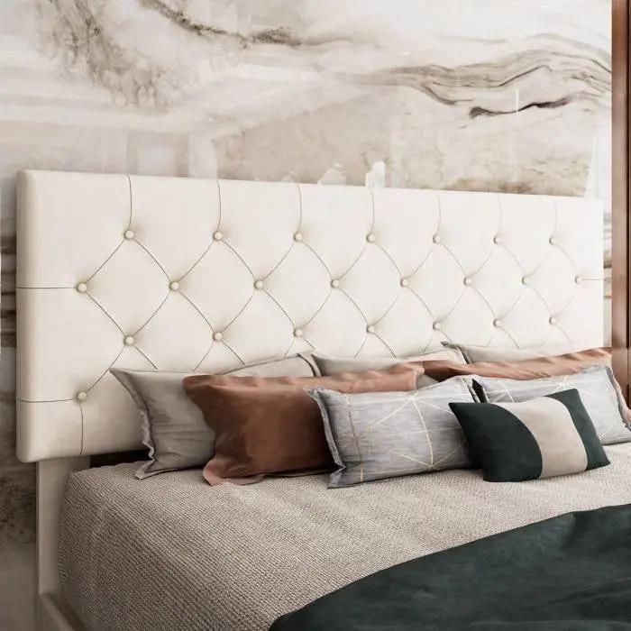 Queen White Faux Leather Upholstered Platform Bed with Button-Tufted Headboard by HomePacific
