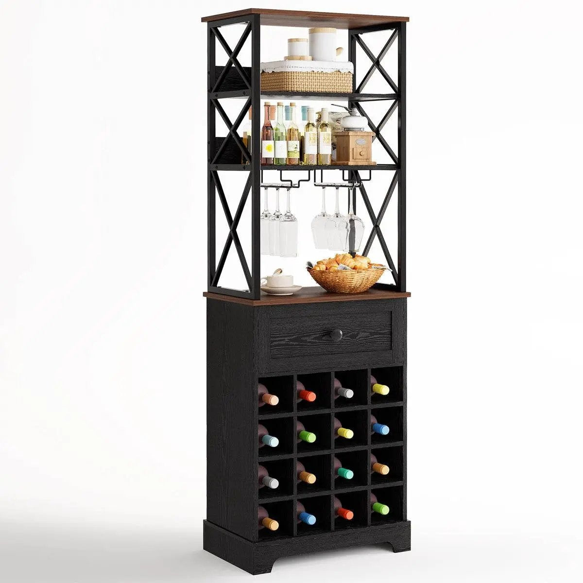 Black/Brown Wine Rack Kitchen Bar Storage Cabinet Shelf with Glass Holders by HomePacific