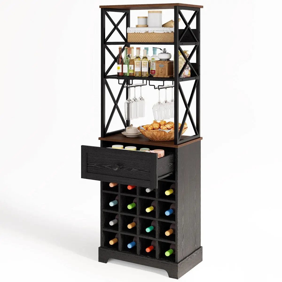 Black/Brown Wine Rack Kitchen Bar Storage Cabinet Shelf with Glass Holders by HomePacific