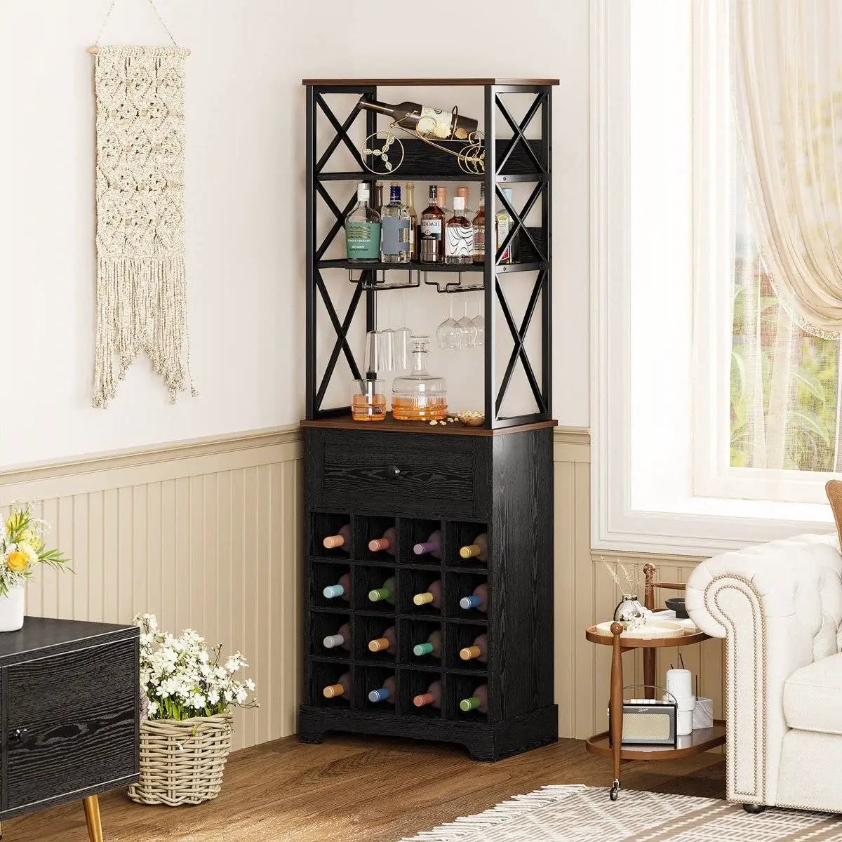 Black/Brown Wine Rack Kitchen Bar Storage Cabinet Shelf with Glass Holders by HomePacific