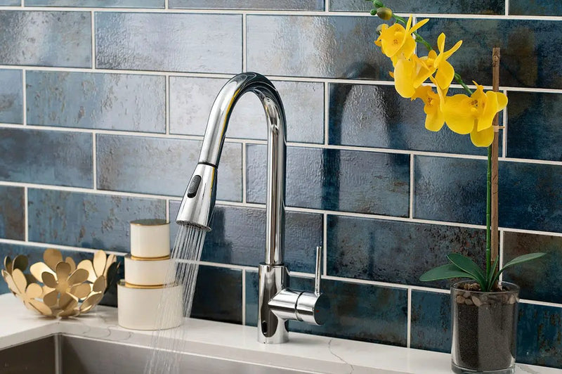 Touch-less Infrared Sensor Kitchen Faucet 811 Chrome Tiles in a finished room