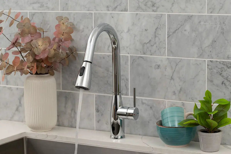 Touch-less Infrared Sensor Kitchen Faucet 812 Chrome Tiles in a finished room