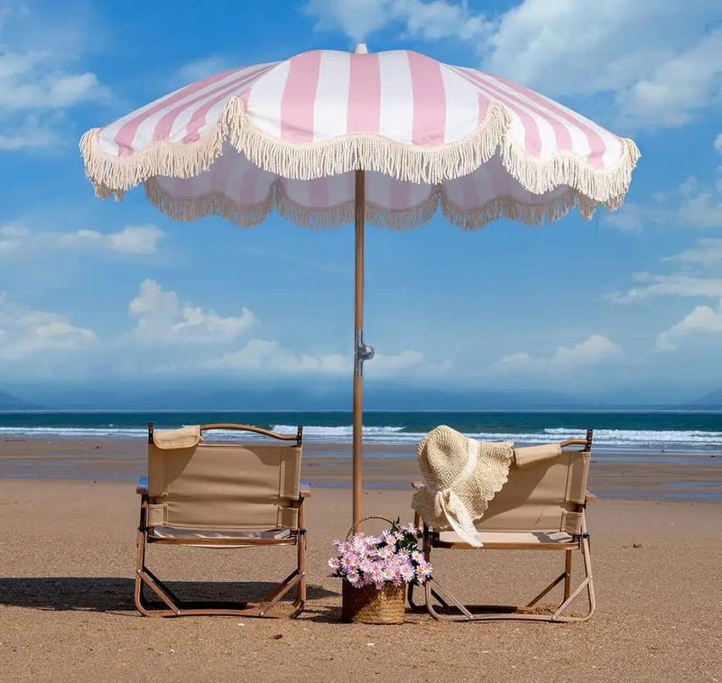 Open Box Funsite 6.5ft Boho Beach Umbrella with Fringe, UPF 50+ Tassel Umbrellas with Carry Bag, Premium Wood Pole Foldable Patio Umbrella for Outdoor by Selzalot