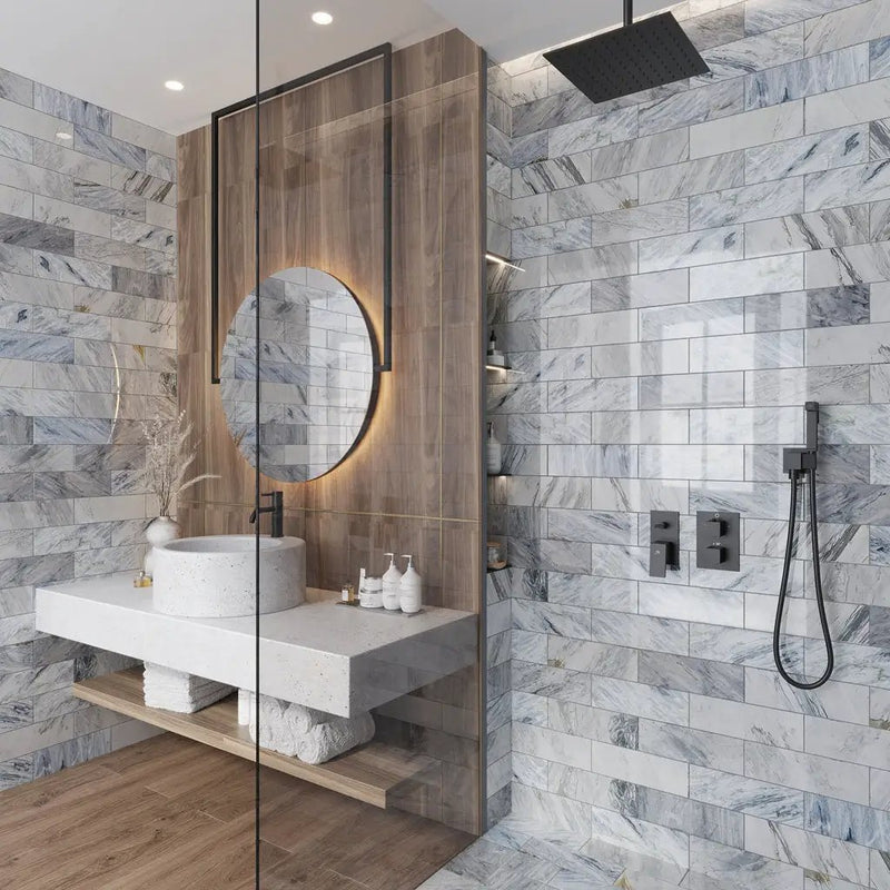 Gray 4x12 Polished Subway Calacatta Bluette Marble Tile (15 pack, 5 sq ft/case) by Apollo Tile