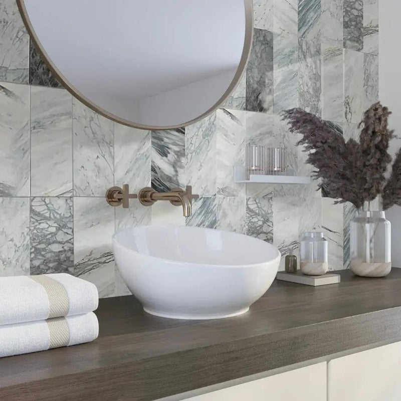 Gray 4x12 Polished Subway Calacatta Bluette Marble Tile (15 pack, 5 sq ft/case) by Apollo Tile