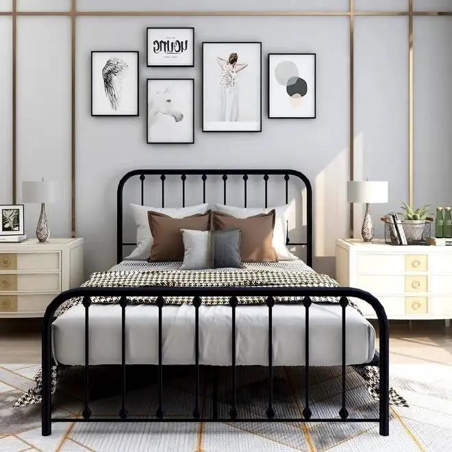 Full size Classic Black Metal Bed Frame with Slatted Headboard and Footboard by HomePacific