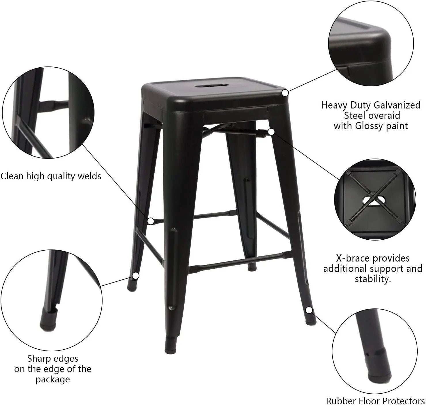 Set of 4 - 24-in. Indoor/Outdoor Backless Stacking Black Metal Barstools by HomePacific