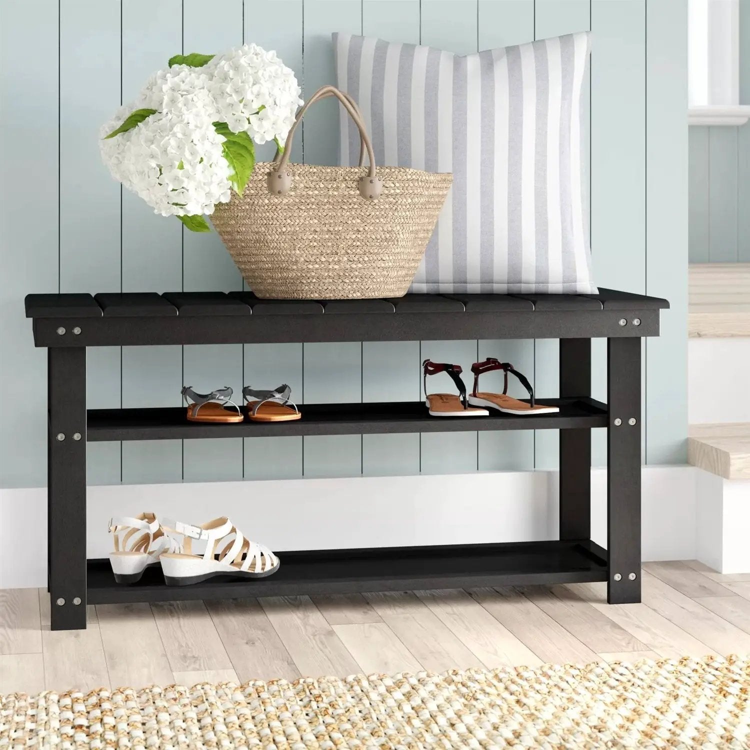 Black Wooden 2-Shelf Shoe Rack Storage Bench for Entryway or Closet by HomePacific