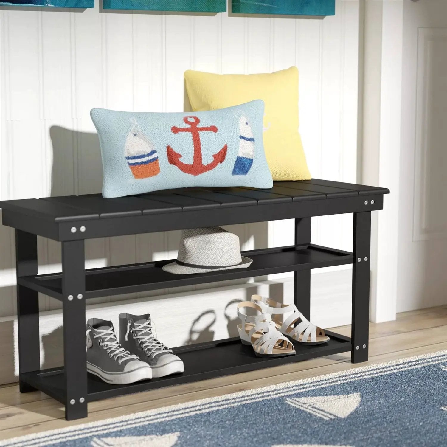 Black Wooden 2-Shelf Shoe Rack Storage Bench for Entryway or Closet by HomePacific