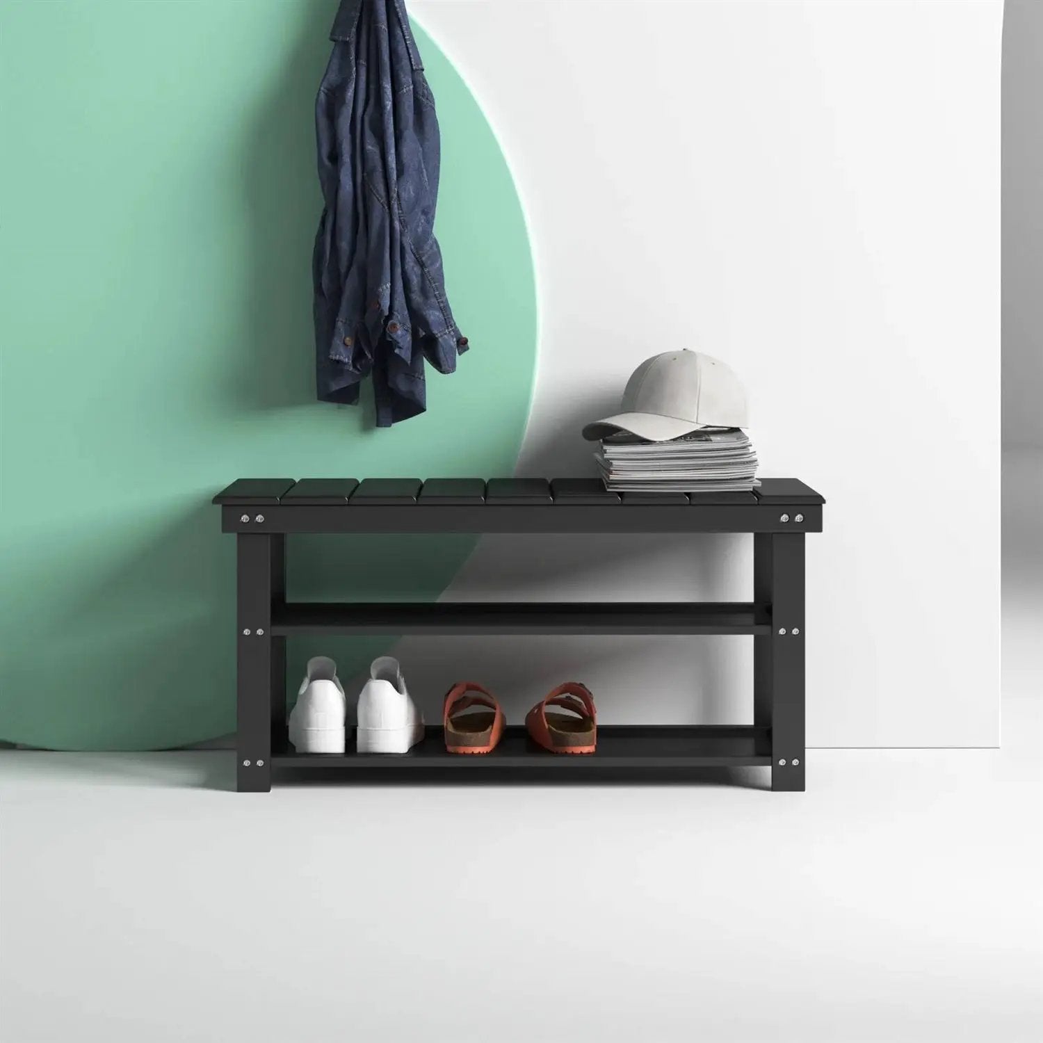 Black Wooden 2-Shelf Shoe Rack Storage Bench for Entryway or Closet by HomePacific