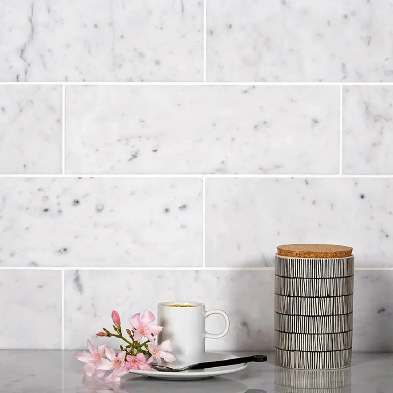 White 4x12 Honed Subway Bianco Carrara Marble Tile (15 pack, 5 sq ft/case) by Apollo Tile